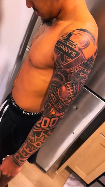 Full sports-themed sleeve with helmet, football and typography